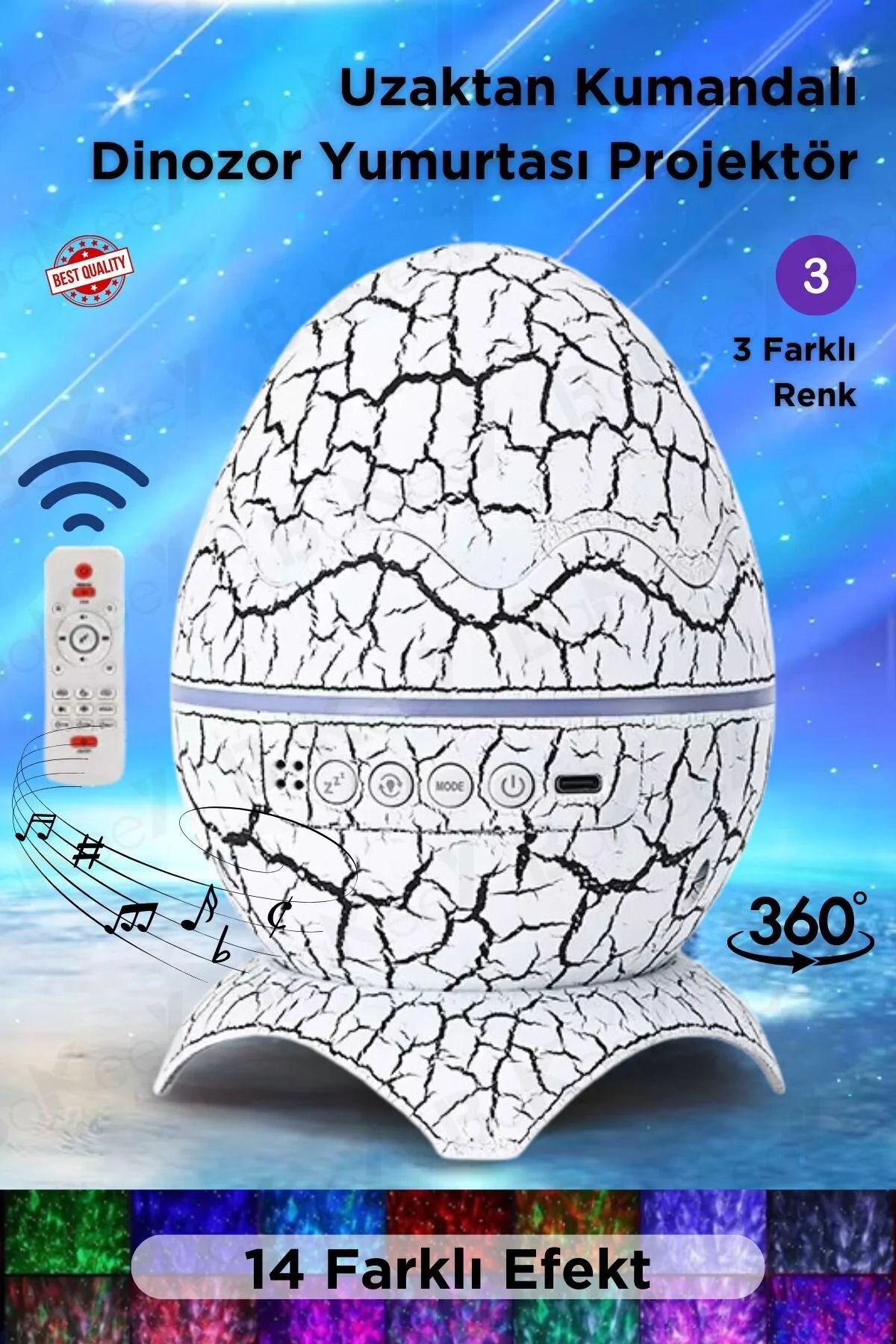 Dinozor Yumurtası Tasarımlı Projektörlü Gece Lambası Bluetooth Özellikli